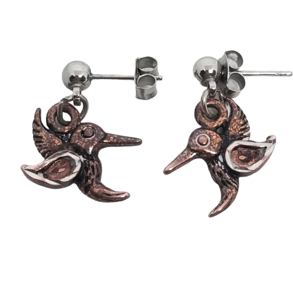 WALDECK JOHNSON VINTAGE NAVAJO DESIGNER COPPER HUMMINGBIRD DROP EARRINGS - Picture 3 of 5